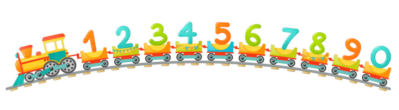 Train kids with numbers in cartoon style. Vector numbers for children math education in school, preschool and kindergarten.