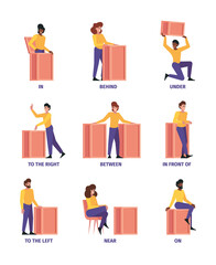Place prepositions. Learning language rules words articles and prepositions above under behind near garish vector flat illustrations