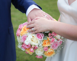 bride and groom hands with rings and bouquet