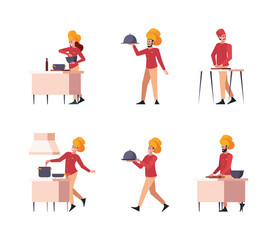 Chef characters. Pizza bakery pastry cooker male and female professions people preparing food on kitchen garish vector persons in flat style