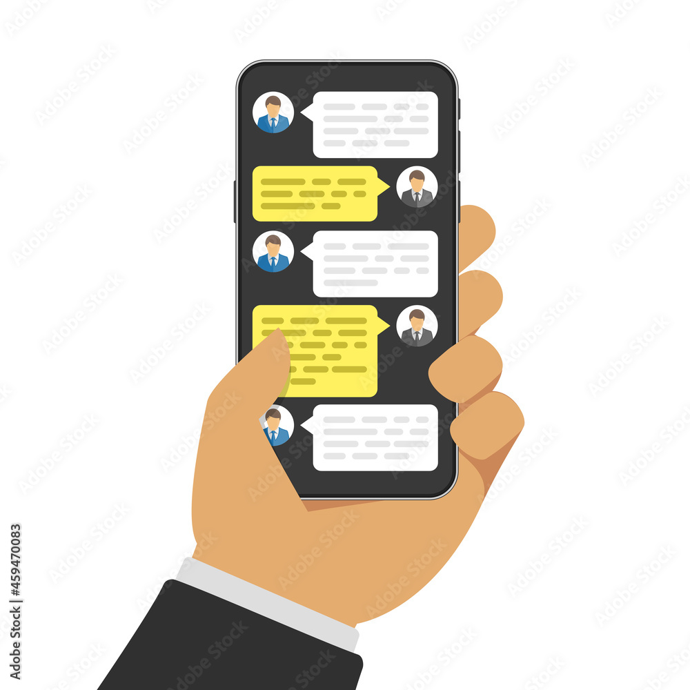 Poster hand with smartphone and chatting bubble speeches on screen. online talking, conversation or dialog 