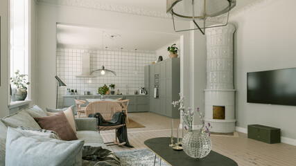 Scandinavian retro vintage apartment interior 
