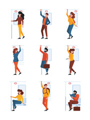 Holding handrail. People standing in train subway adventure travelling characters garish vector illustrations set