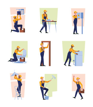 House renovation. Repairman helping people room designers plumbers builders painters craftsman garish vector illustrations set isolated