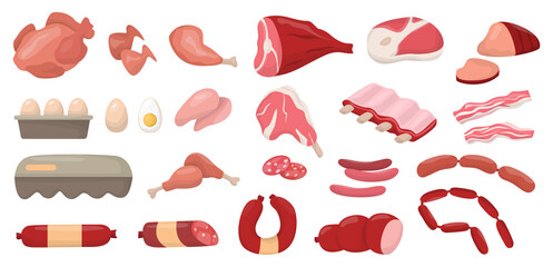 Red meat and eggs set. Collection of beef and pork steak, ham, fillet