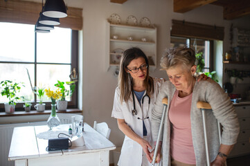 Healthcare worker or caregiver visiting senior woman indoors at home, helping her to walk.