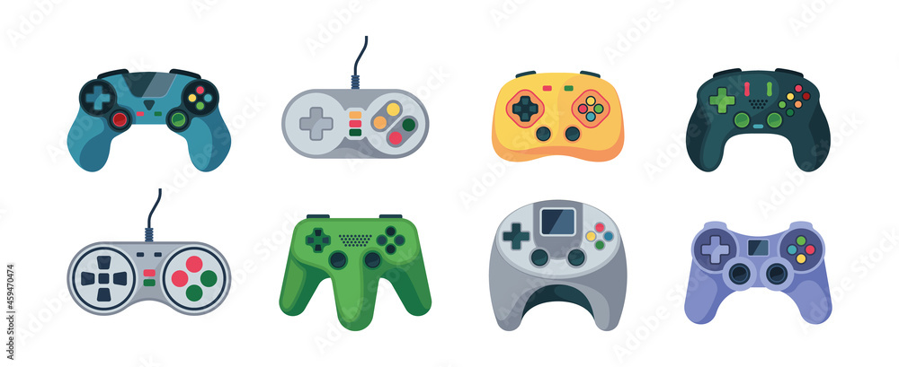 Poster game controllers. gamepad video console computer items garish vector flat pictures