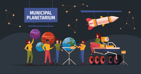 Planetarium interior. People in space museum innovation systems for education characters solar system garish vector cartoon background © ONYXprj