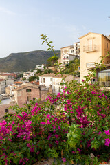 Fototapeta premium Aerial view on old and new parts of Sperlonga, ancient Italian city in province Latina on Tyrrhenian sea, tourists vacation destination