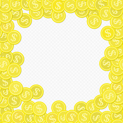 Frame from golden coins in flat style. Scattered dollar coins on transparent background. Jackpot or success concept. Vector illustration EPS 10.