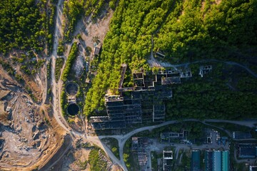 A drone view vertically down of the abandoned building of the mining plant