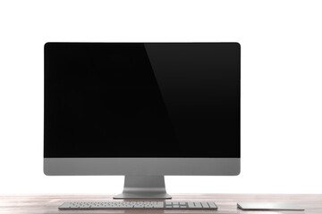 Fototapeta premium Modern computer with blank monitor screen and peripherals on wooden table against white background