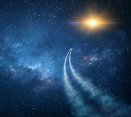 Spaceships traveling into deep space, exploring galaxies and Universe. Space probes passing through stars and nebulae towards the Sun. © mozZz