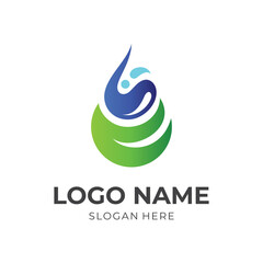 abstract drop and leaf logo concept with flat green and blue color style