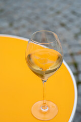 Tasting of brut champagne sparkling wine during visit caves in champagne house in Reims, France