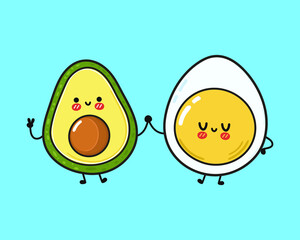 Cute happy egg and avocado. Vector hand drawn doodle style cartoon character illustration icon design. Card with cute happy egg and avocado friends concept