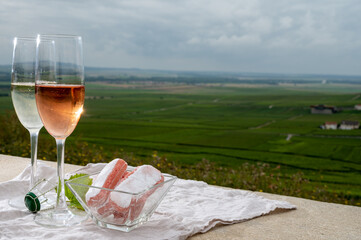 Symbols of Reims, white and rose brut champagne wine and rose biscuits and view on green pinot noir grand cru vineyards of famous champagne houses in Montagne de Reims near Verzenay, Champagne, France