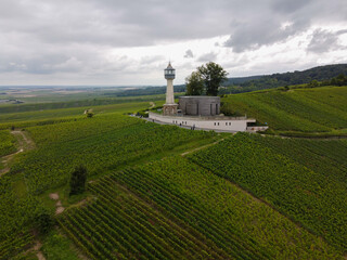 Fototapeta na wymiar View on lighthouse and green pinot noir grand cru vineyards of famous champagne houses in Montagne de Reims near Verzenay, Champagne, France