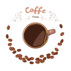 Coffee time banner. Cup of espresso or americano, steam and coffee beans top view. Vector cartoon flat illustration.