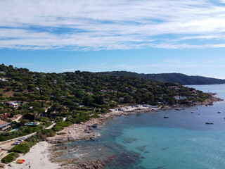 Summer holidays on French Riviera, aerial view on rocks and sandy beach Escalet near Ramatuelle and Saint-Tropez, Var, France