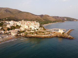Fototapeta premium Aerial view on old and new parts of Sperlonga, ancient Italian city in province Latina on Tyrrhenian sea, tourists vacation destination