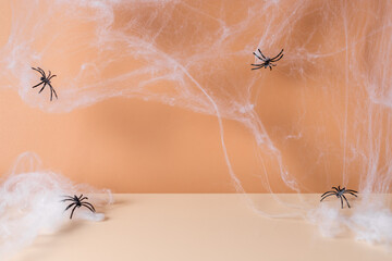 Spooky Halloween modern scene with spider web and spiders. Autumn, Halloween or Thanksgiving season...