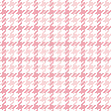 Tweed check pattern in pink and white for spring autumn winter. Seamless houndstooth tartan plaid graphic vector background for jacket, coat, skirt, scarf, other modern fashion textile design.