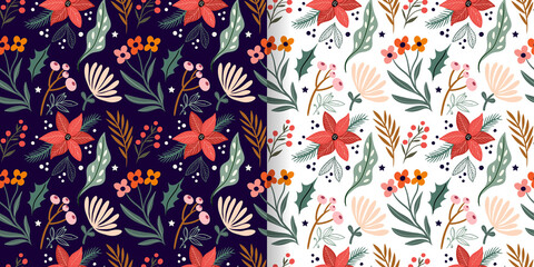 Christmas floral seamless patterns set, seasonal flowers and plants,  elegant winter design