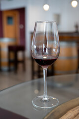 Wine industry of Cyprus island, tasting of red dry wine on winery located on south slopes of Troodos mountain range.