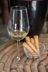 Wine industry of Cyprus island, tasting of white dry wine on winery located on south slopes of Troodos mountain range.