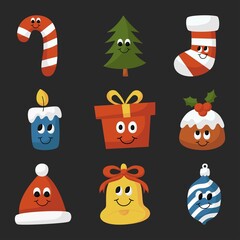 Kawaii christmas cartoons set isolated on black background. vector Illustration.