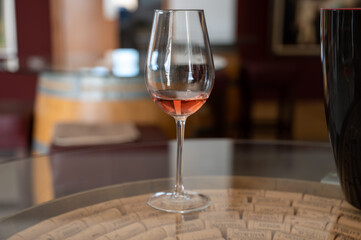 Wine industry of Cyprus island, tasting of rose dry wine on winery located on south slopes of Troodos mountain range.