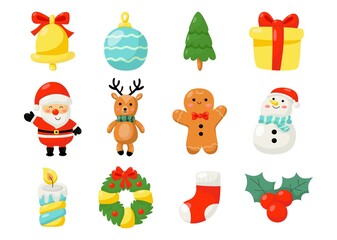 cute christmas flat icon set isolated on white background. vector Illustration.