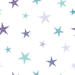Seamless cute pattern with blue and violet stars on white background. Vector illustration.