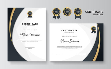 Certificate of appreciation template, gold and blue color. Clean modern certificate with gold badge. Certificate border template with luxury and modern line pattern. Diploma vector template