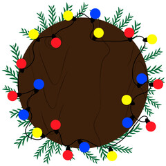 brown circle framed with colored lights and spruce branches