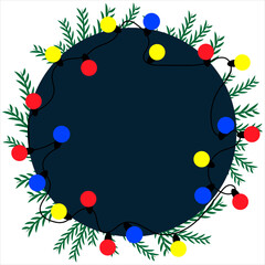 blue circle framed by colored lights and spruce branches