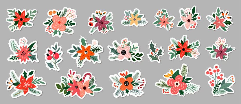 Christmas floral stickers big collection, different bouquets, seasonal flowers and plants arrangements