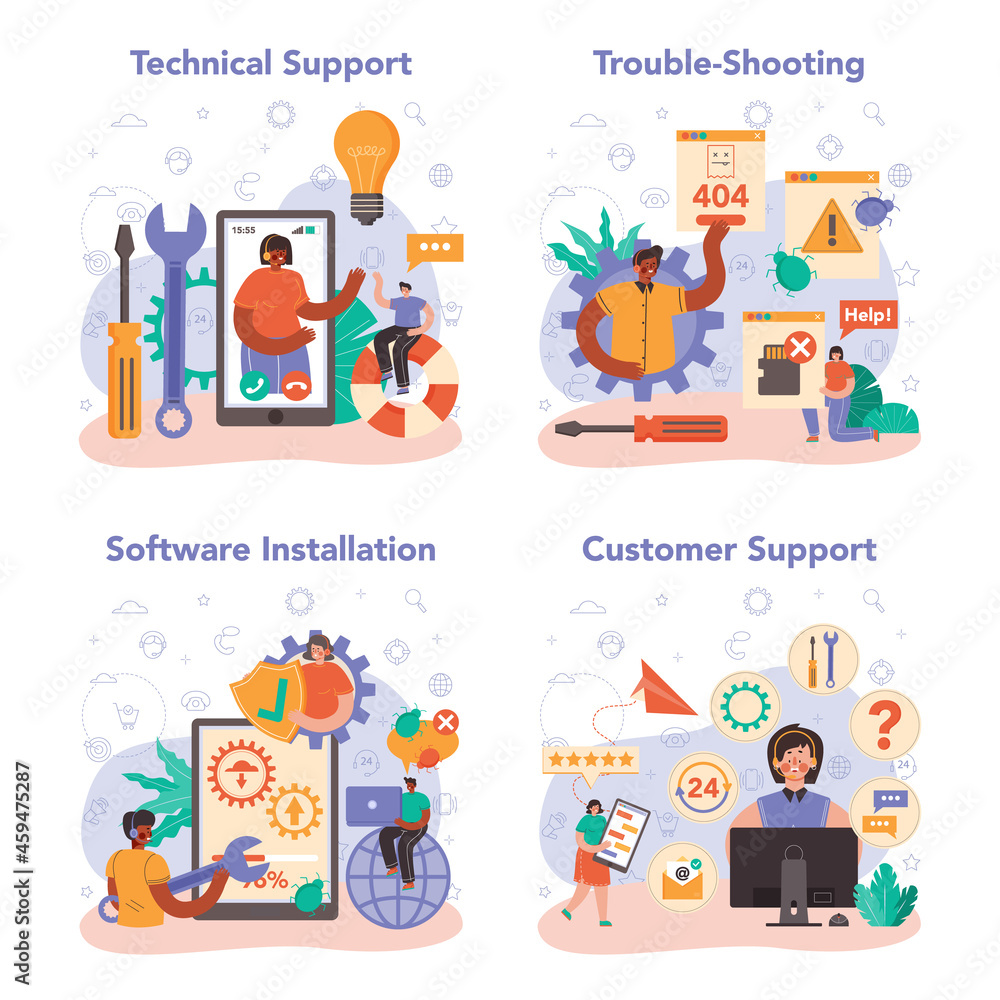 Poster technical support concept set. idea of customer service. consultant help