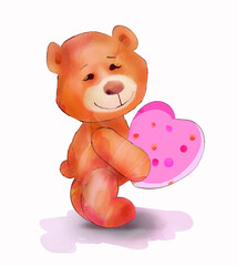 A cute bear is holding a pink heart. Vector greeting illustration, watercolor drawing