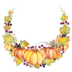 Naklejka na ściany i meble Autumn demi wreath with pumpkins, leaves and berries. Watercolor isolated on white.