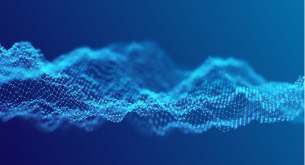 Wave of blue particles. Abstract technology flow background. Sound mesh pattern or grid landscape. Digital data structure consist dot elements. Future vector illustration.