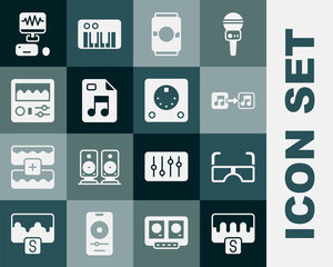 Set Music wave equalizer, Glasses, note, tone, Beer can, MP3 file document, Drum machine, recording studio and icon. Vector © Vadim