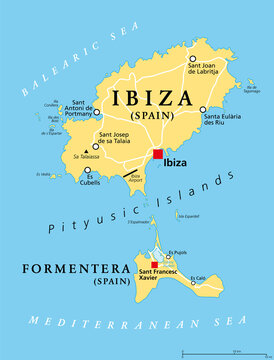 Ibiza and Formentera Island, Spain, political map. Pityusic Islands commonly known as Pine Islands, part of the Balearic Islands, an archipelago of Spain in the Mediterranean Sea. Illustration. Vector