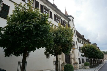 Altes Schloss in Pappenheim, Franken, Fassade mit Baumbestand, Schlossstraße