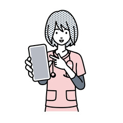 立ってスマートフォンを指差してこちらに向けて見せている看護師の女性