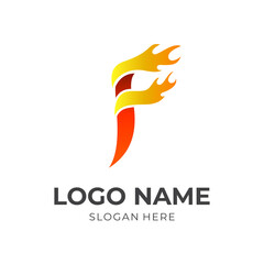letter F and fire logo design template concept vector with flat yellow and orange color style
