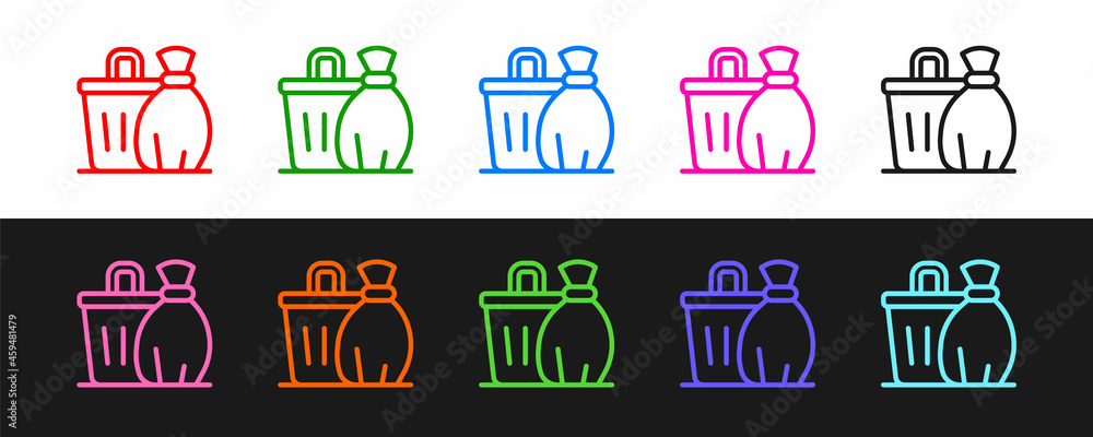 Aufkleber set line trash can icon isolated on black and white background. garbage bin sign. recycle basket ico