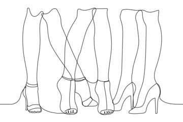 Three pairs of female legs in summer shoes with heels - one line drawing. legs of three women in high heeled shoes (shoes, sandals)