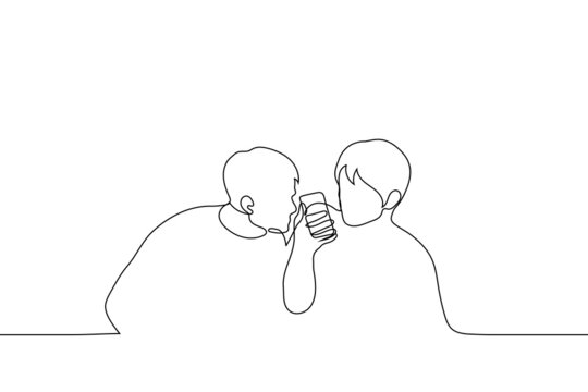 man peeks at another's phone - one line drawing. a man hides the screen of his smartphone from an insolent neighbor who is trying to see the contents of his phone